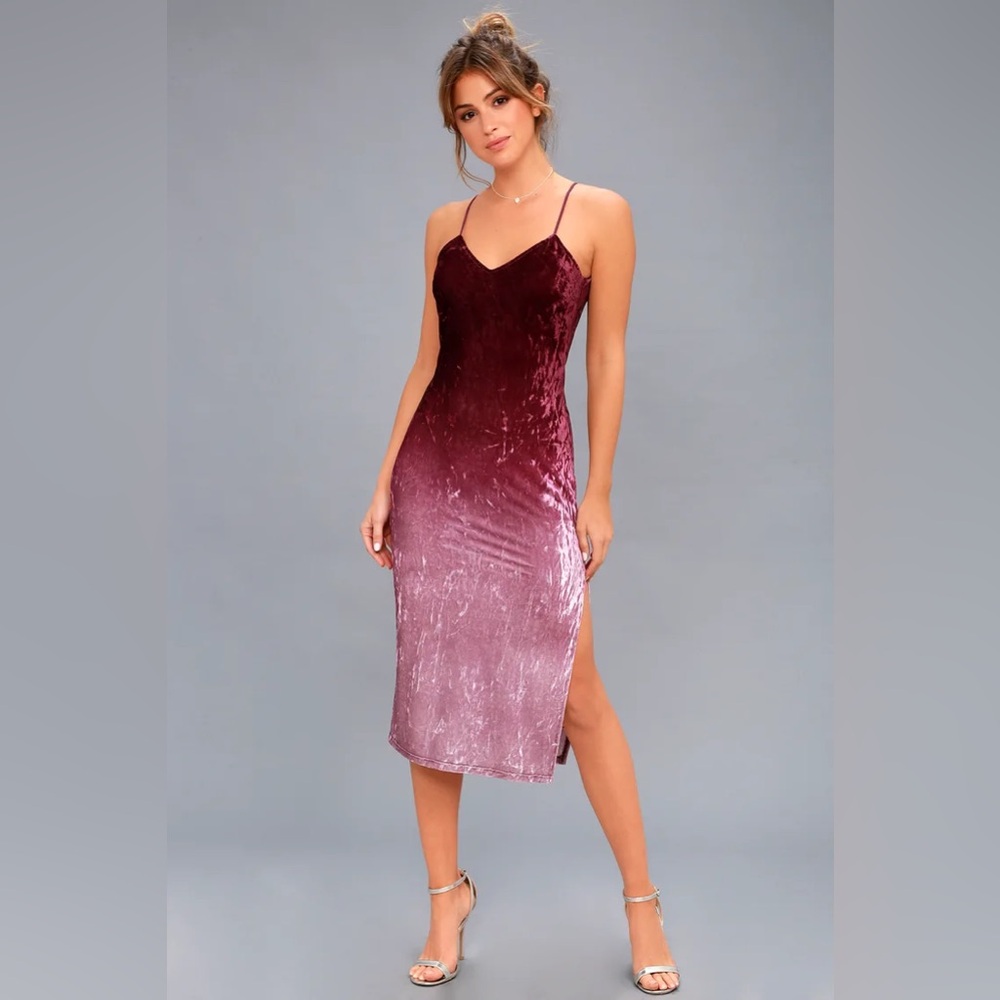 Lulus Sunset Skyline Burgundy Ombre Velvet Midi Dress